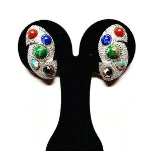 1960s Vintage Large Silver Textured Earrings With Faux Gem Stones Clip Style